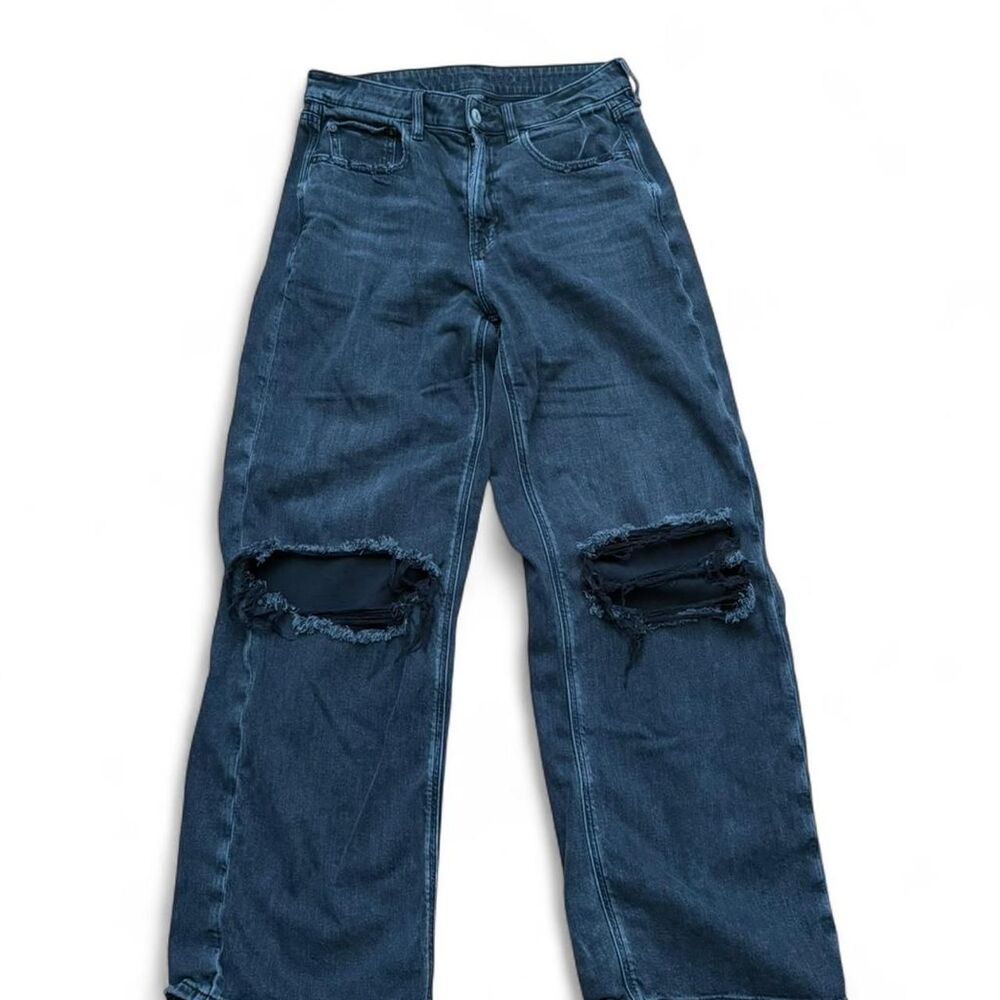American Eagle Super High Rise Baggy Wide Leg Jeans Black Distressed Size 6 Long